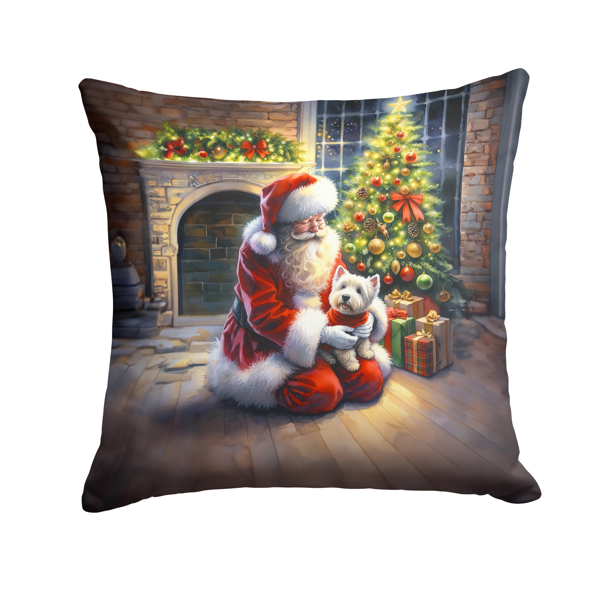 Westie and Santa Claus Decorative Throw Pillow 18x18 Indoor Outdoor Accent Cushion, Fabric Cover with Insert for Sofa, Bed, Porch & Living Room
