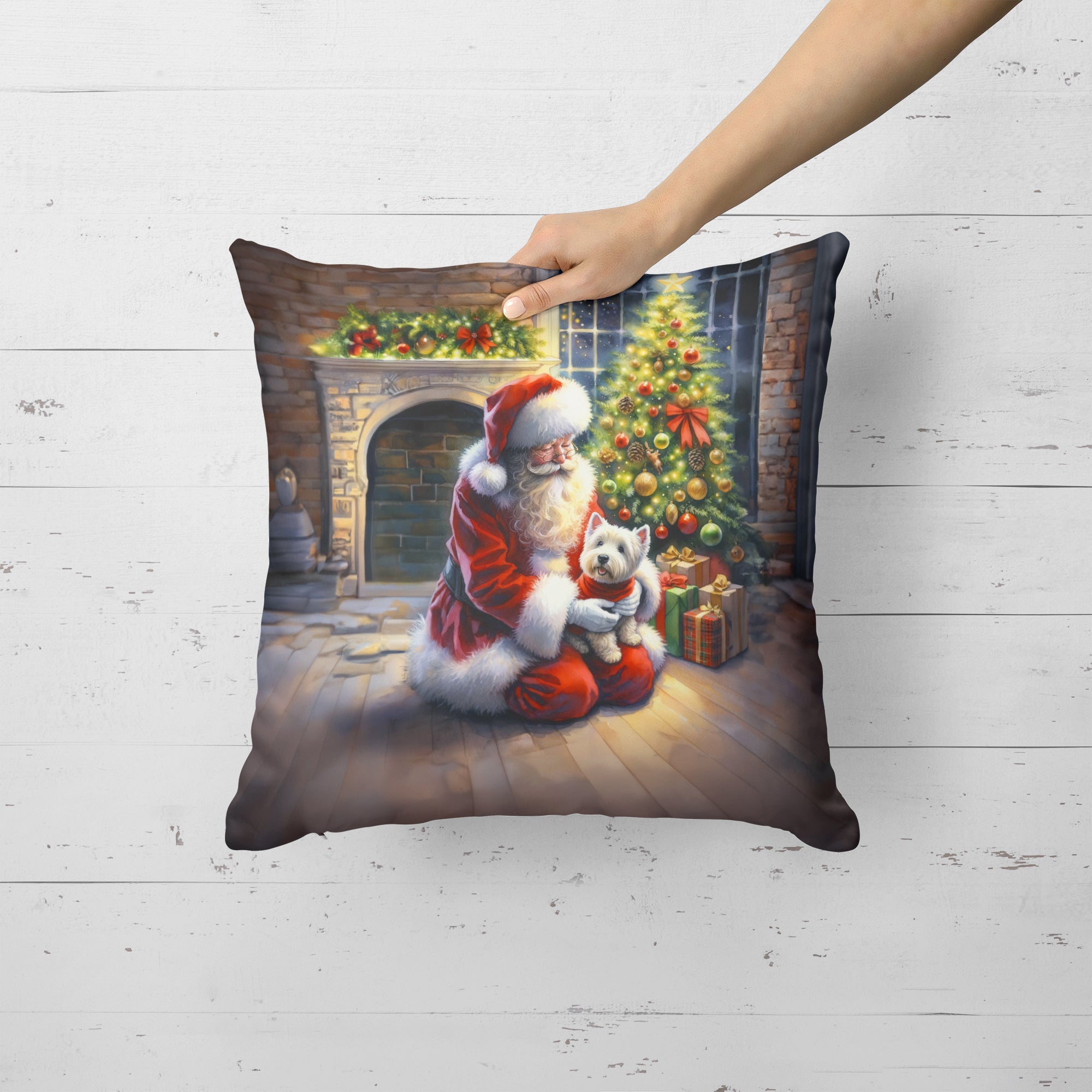 Westie and Santa Claus Decorative Throw Pillow 18x18 Indoor Outdoor Accent Cushion, Fabric Cover with Insert for Sofa, Bed, Porch & Living Room
