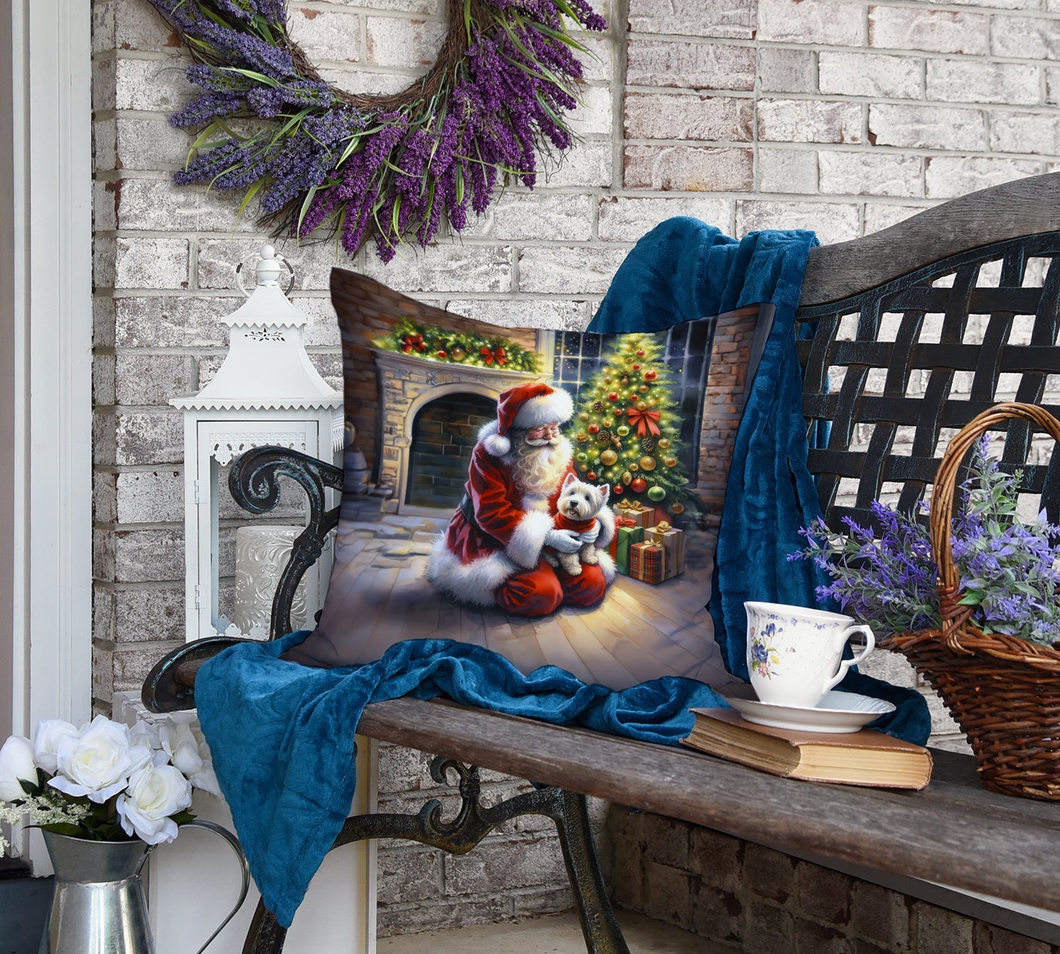 Westie and Santa Claus Decorative Throw Pillow 18x18 Indoor Outdoor Accent Cushion, Fabric Cover with Insert for Sofa, Bed, Porch & Living Room