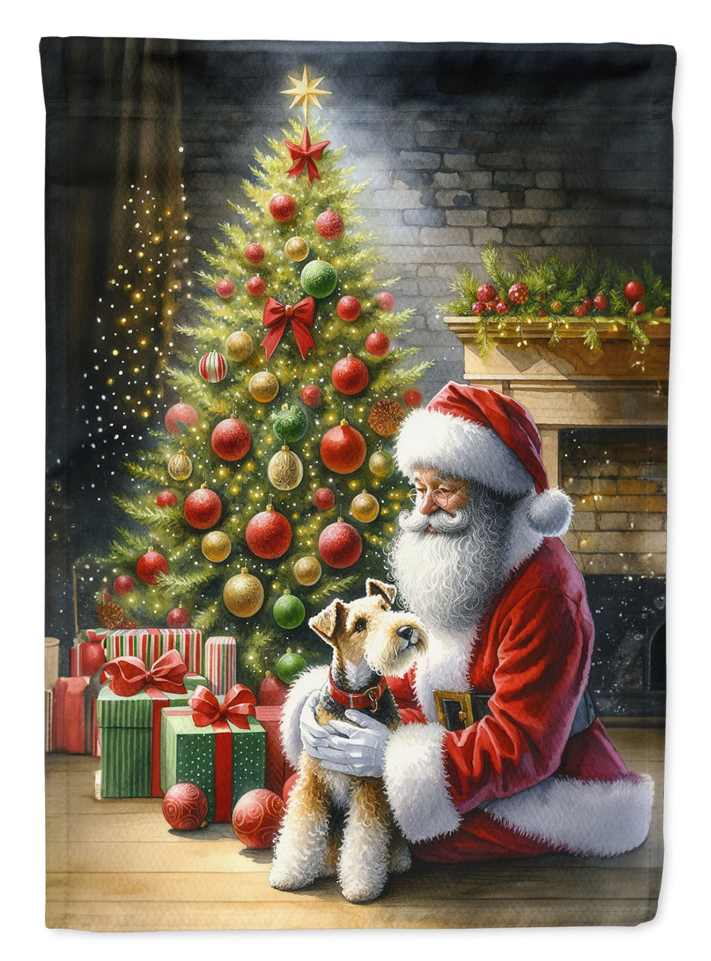 Fox Terrier and Santa Claus House Flag 28x40 Porch Sleeve Pole Decorative Outside Yard Banner Artwork Wall Hanging, Polyester