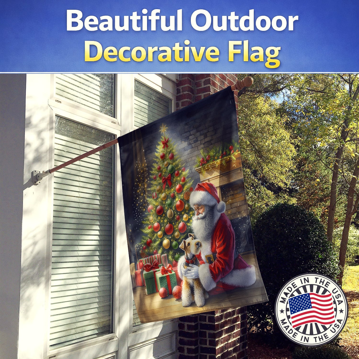 Fox Terrier and Santa Claus House Flag 28x40 Porch Sleeve Pole Decorative Outside Yard Banner Artwork Wall Hanging, Polyester