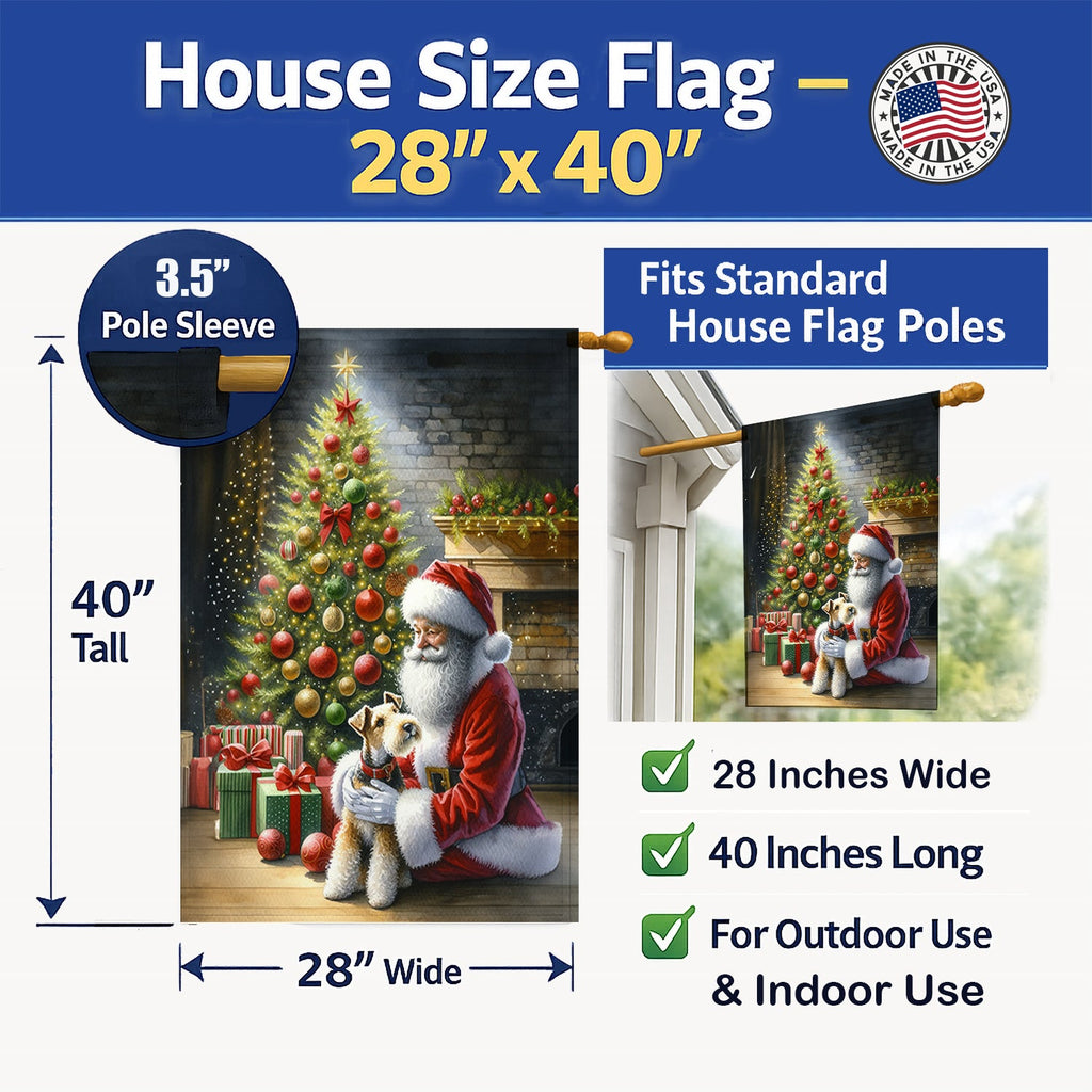 Fox Terrier and Santa Claus House Flag 28x40 Porch Sleeve Pole Decorative Outside Yard Banner Artwork Wall Hanging, Polyester