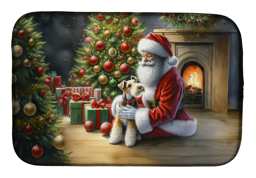 Fox Terrier and Santa Claus Dish Drying Mat Absorbent Dish Drying Mat Pad for Kitchen Counter Dish Drainer Mat for Countertop, 14 x 21", Multicolor