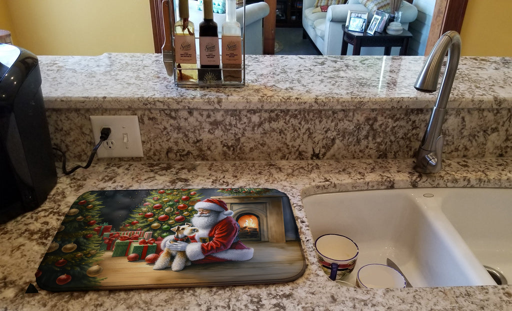 Fox Terrier and Santa Claus Dish Drying Mat Absorbent Dish Drying Mat Pad for Kitchen Counter Dish Drainer Mat for Countertop, 14 x 21", Multicolor