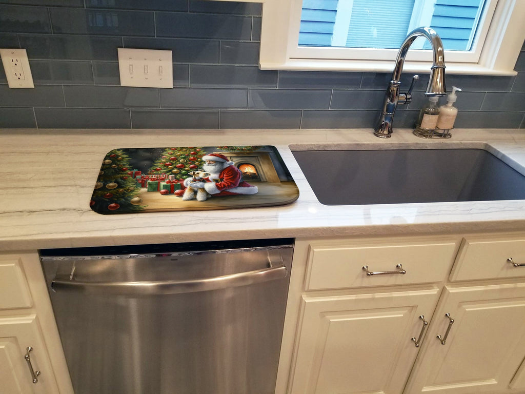 Fox Terrier and Santa Claus Dish Drying Mat Absorbent Dish Drying Mat Pad for Kitchen Counter Dish Drainer Mat for Countertop, 14 x 21", Multicolor