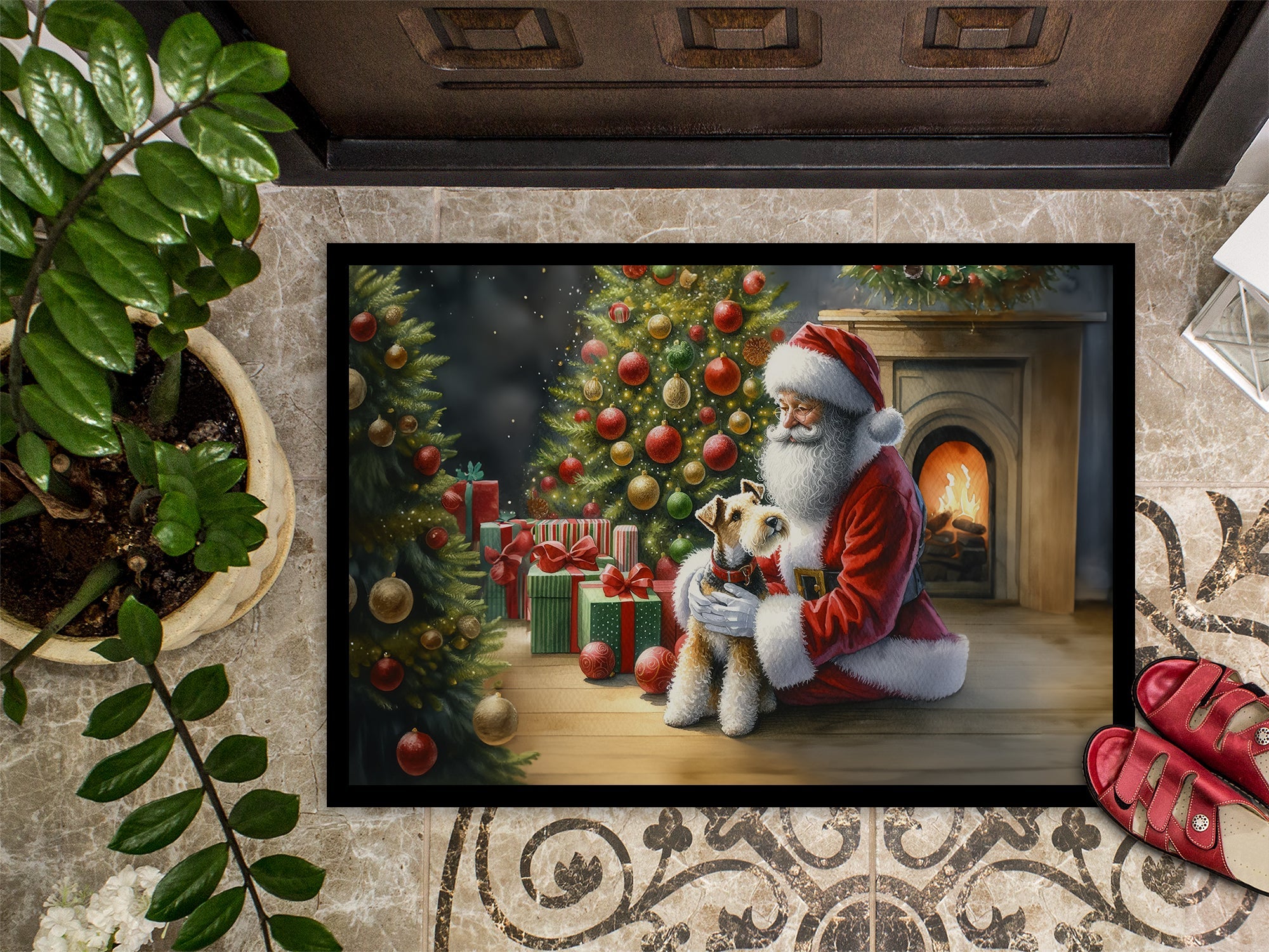 Fox Terrier and Santa Claus Doormat Indoor Outdoor 24H X 36W Front Door Mat Rugs for Entryway, Non Slip Washable Low Pile,