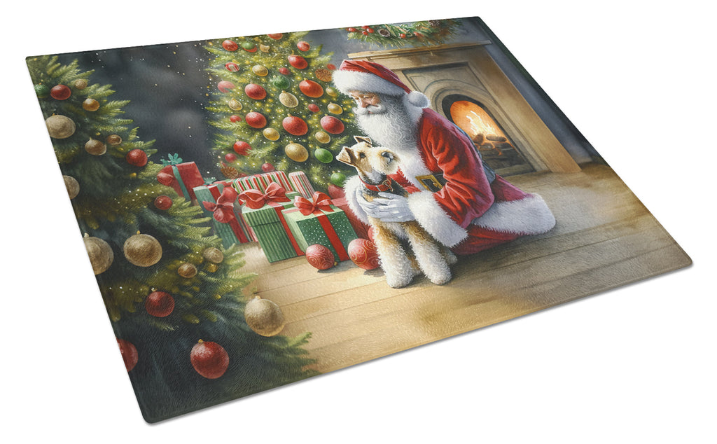 Fox Terrier and Santa Claus Cutting Board Tempered Glass Kitchen Cutting Surface, Heat Resistant Chopping, Non-Slip Feet, Food Prep & Serving