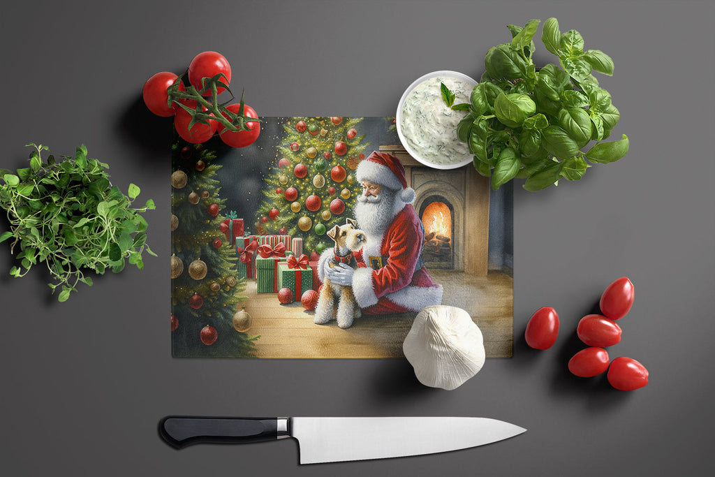 Fox Terrier and Santa Claus Cutting Board Tempered Glass Kitchen Cutting Surface, Heat Resistant Chopping, Non-Slip Feet, Food Prep & Serving