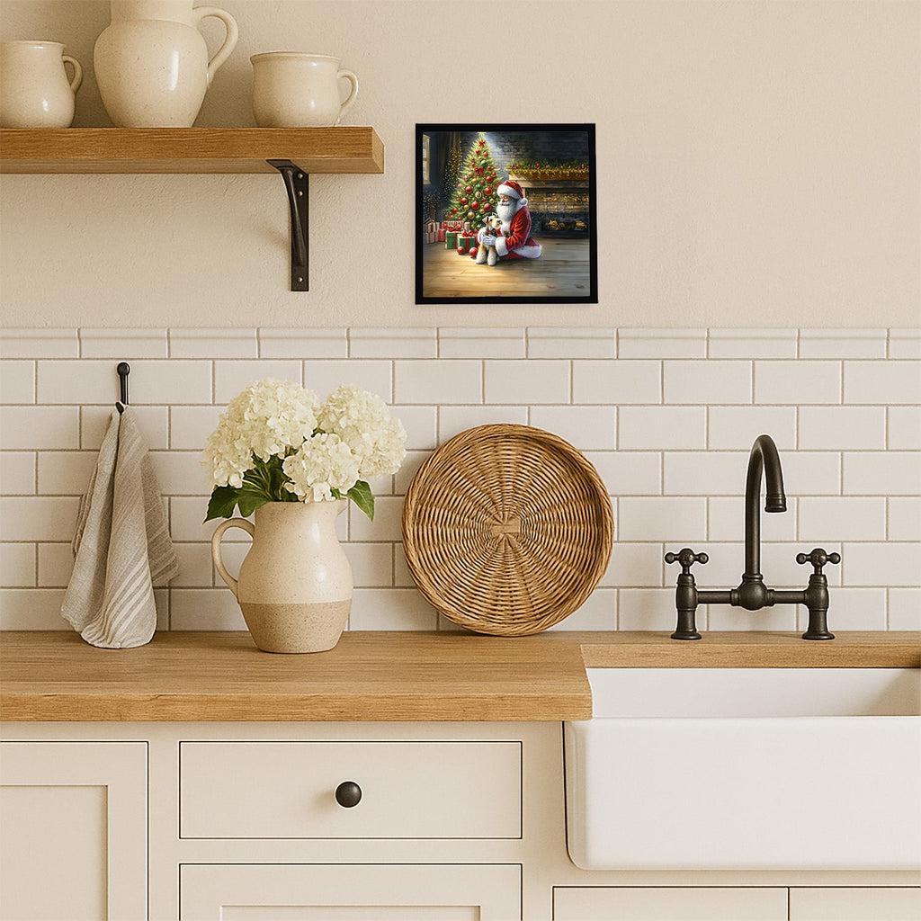 Fox Terrier and Santa Claus Framed Metal Print Bathroom, Kitchen, Office, Home Decor Wall Art Ready to Hang, Square, 8X8