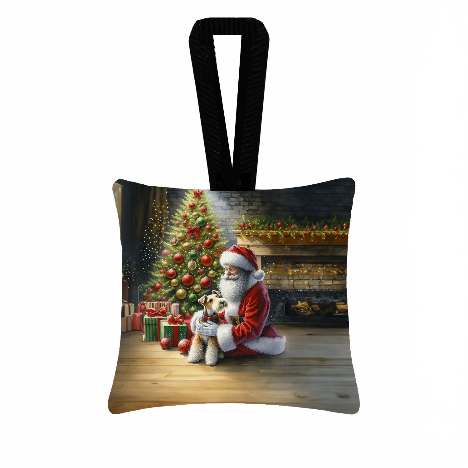 Fox Terrier and Santa Claus Hanging Square Fabric Ornament 3.5 × 3.5 Decorative Door-Knob & Tree Hanger, Soft Fabric