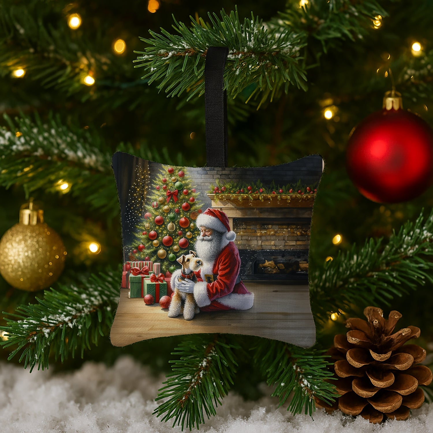 Fox Terrier and Santa Claus Hanging Square Fabric Ornament 3.5 × 3.5 Decorative Door-Knob & Tree Hanger, Soft Fabric