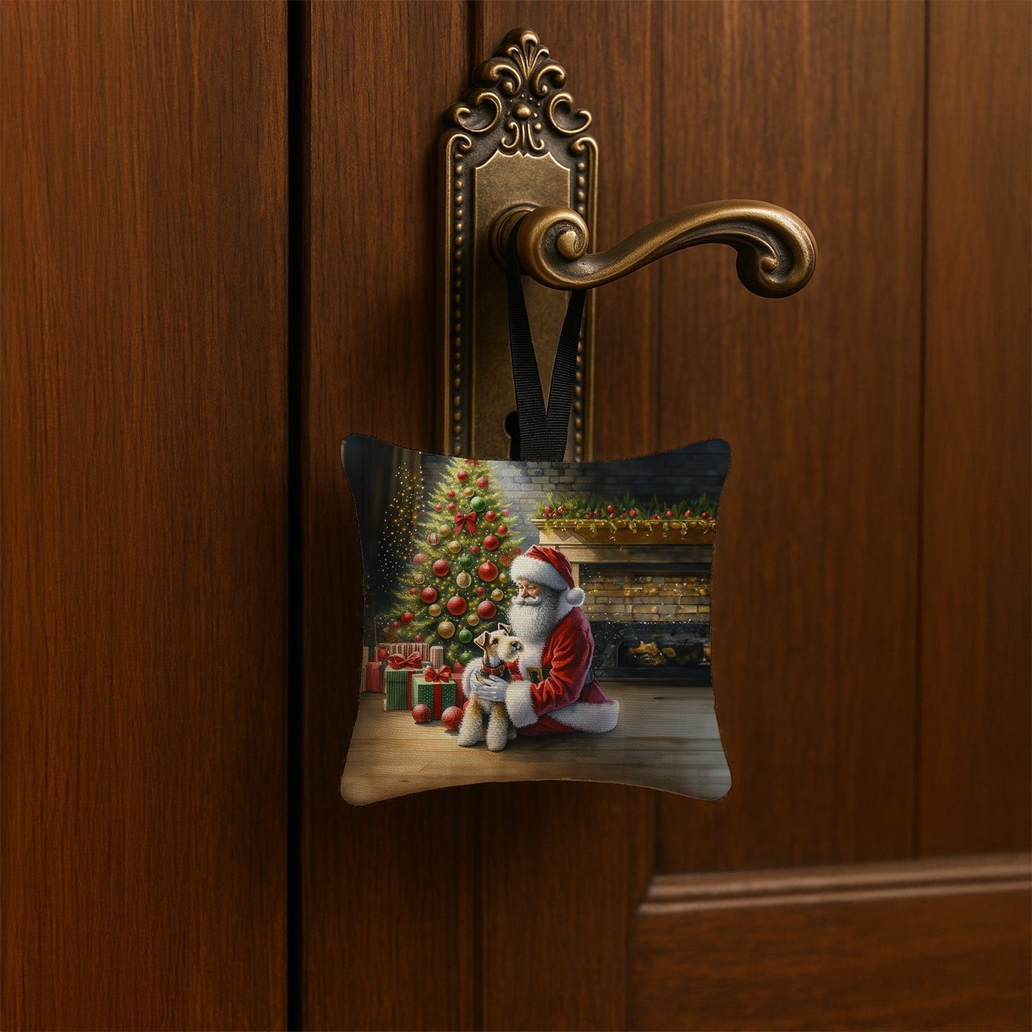 Fox Terrier and Santa Claus Hanging Square Fabric Ornament 3.5 × 3.5 Decorative Door-Knob & Tree Hanger, Soft Fabric