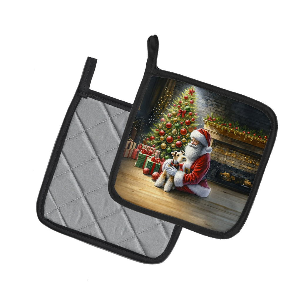 Fox Terrier and Santa Claus Pot Holder Set of 2 Heat Resistant Quilted Hot Pads 7.5 x 7.5 Inch, Insulated Kitchen Trivets for Cooking & Baking