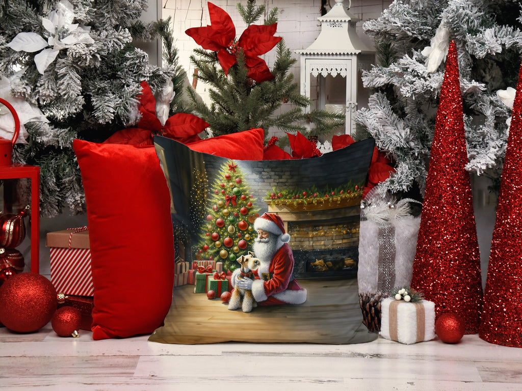Fox Terrier and Santa Claus Decorative Throw Pillow 14x14 Indoor Outdoor Accent Cushion, Fabric Cover with Insert for Sofa, Bed, Porch & Living Room