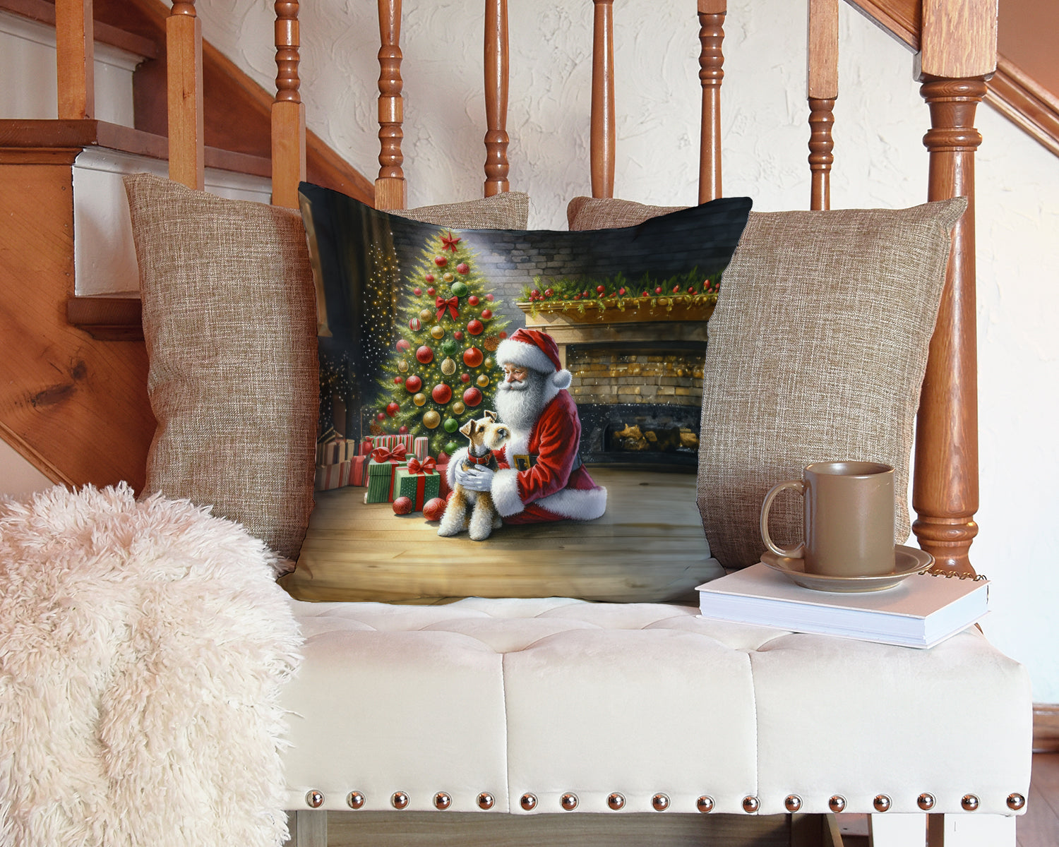 Fox Terrier and Santa Claus Decorative Throw Pillow 14x14 Indoor Outdoor Accent Cushion, Fabric Cover with Insert for Sofa, Bed, Porch & Living Room