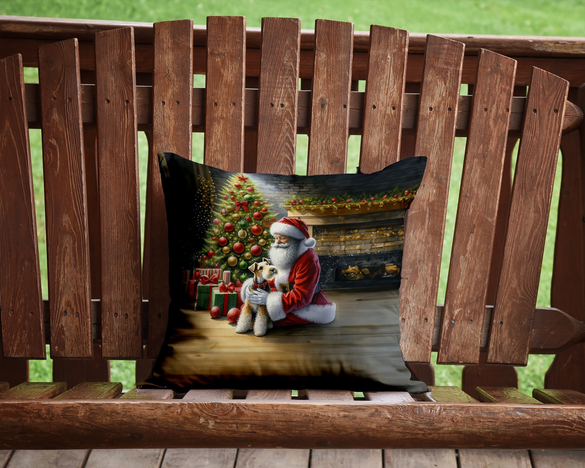 Fox Terrier and Santa Claus Decorative Throw Pillow 14x14 Indoor Outdoor Accent Cushion, Fabric Cover with Insert for Sofa, Bed, Porch & Living Room