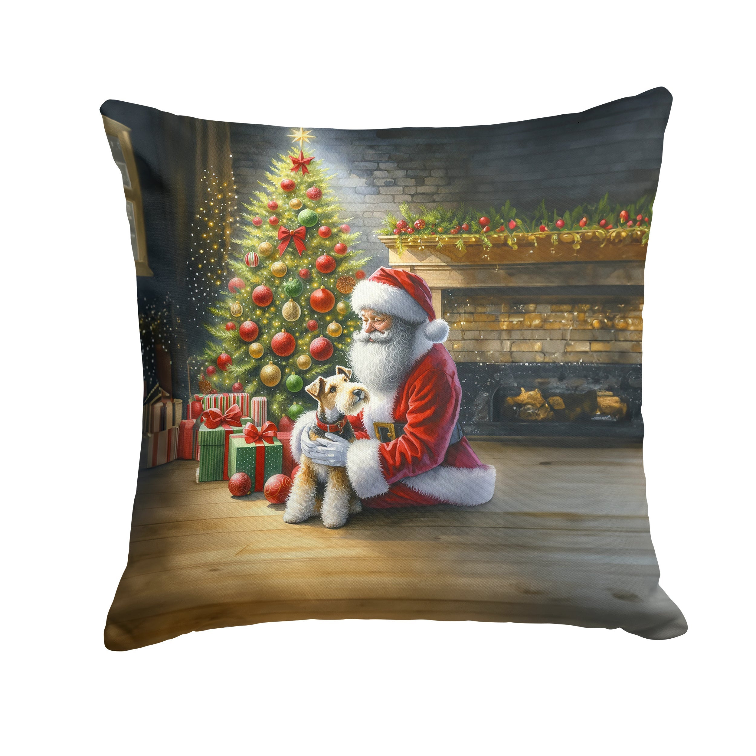 Fox Terrier and Santa Claus Decorative Throw Pillow 18x18 Indoor Outdoor Accent Cushion, Fabric Cover with Insert for Sofa, Bed, Porch & Living Room