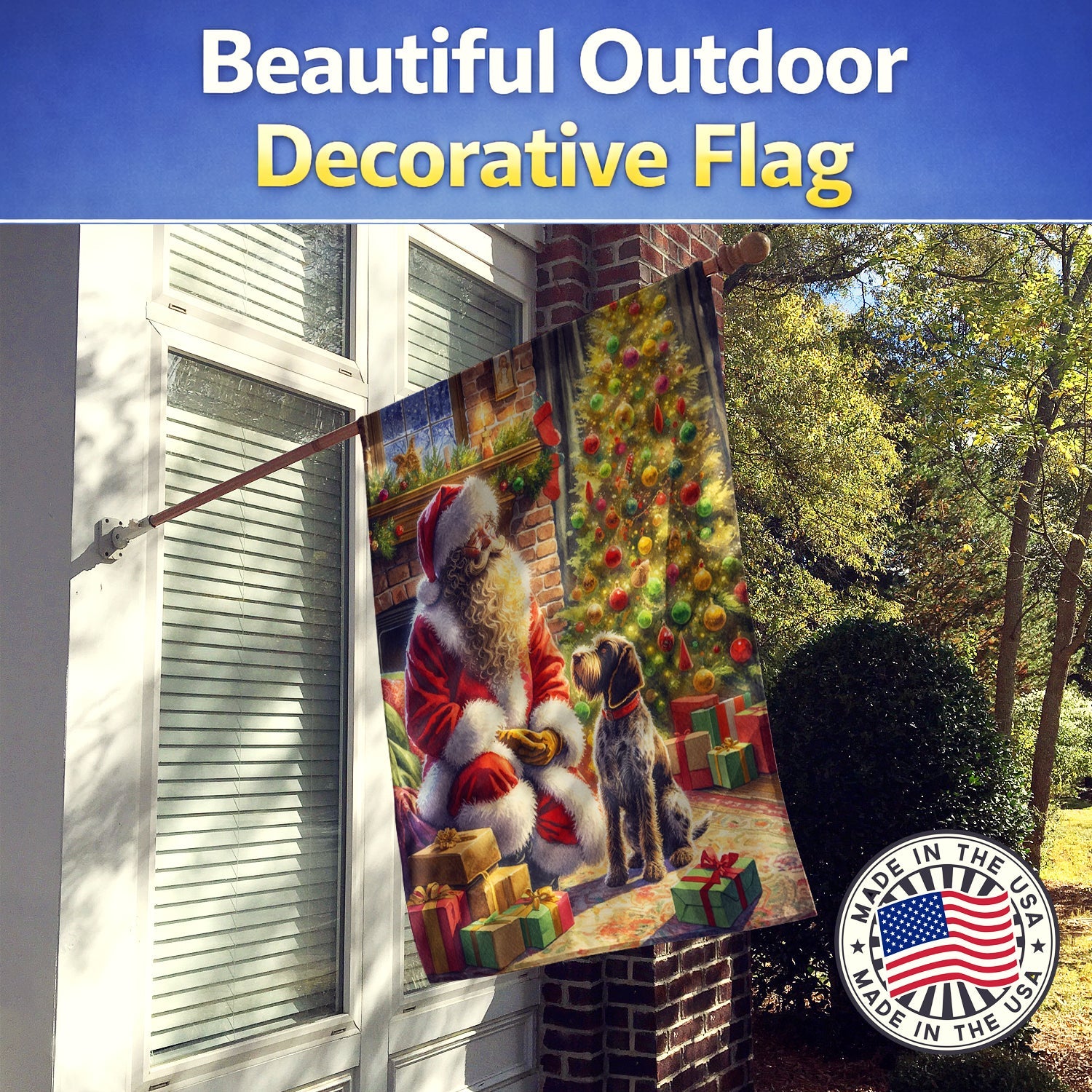 Wirehaired Pointing Griffon and Santa Claus House Flag 28x40 Porch Sleeve Pole Decorative Outside Yard Banner Artwork Wall Hanging, Polyester