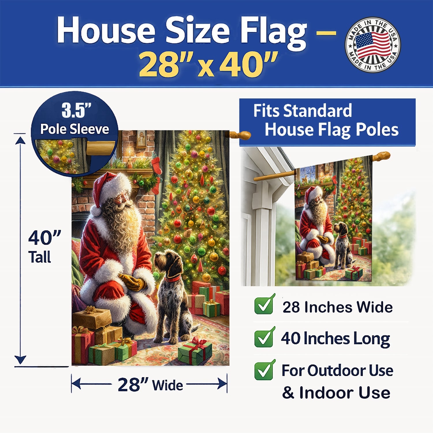 Wirehaired Pointing Griffon and Santa Claus House Flag 28x40 Porch Sleeve Pole Decorative Outside Yard Banner Artwork Wall Hanging, Polyester