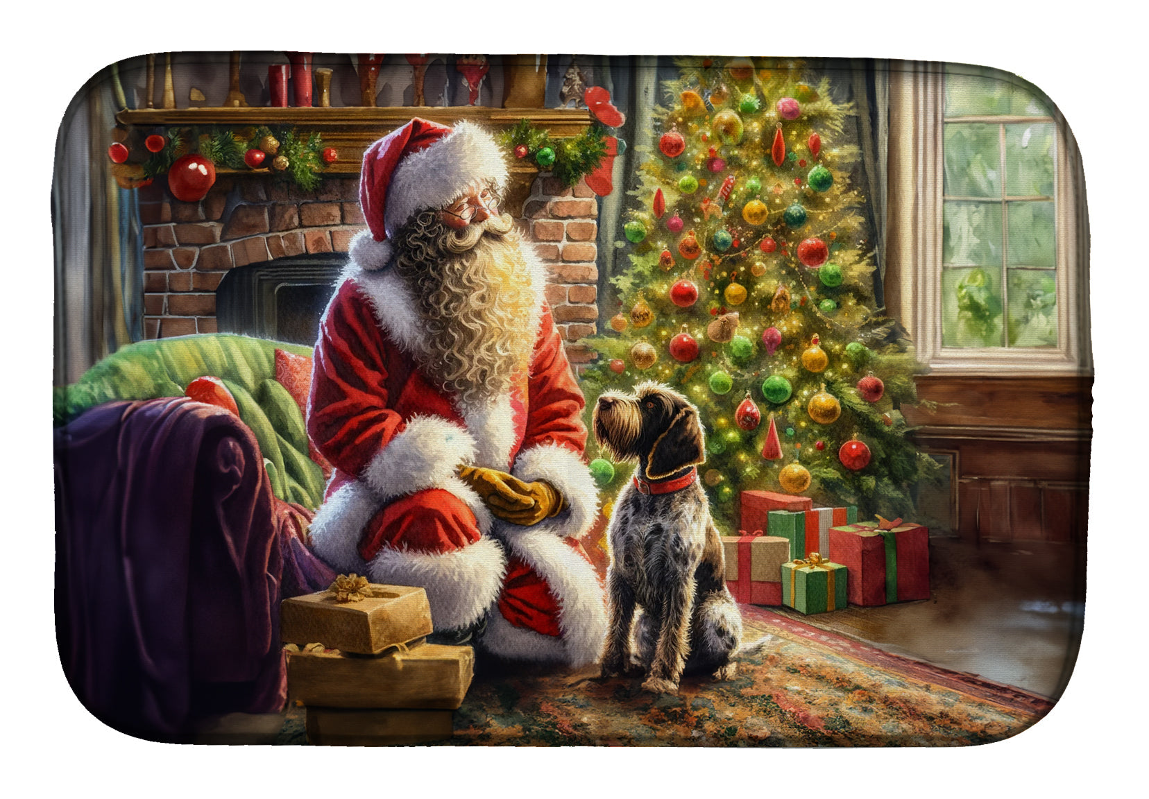 Wirehaired Pointing Griffon and Santa Claus Dish Drying Mat Absorbent Dish Drying Mat Pad for Kitchen Counter Dish Drainer Mat for Countertop, 14 x 21", Multicolor