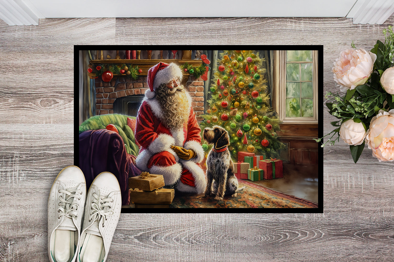 Wirehaired Pointing Griffon and Santa Claus Doormat Indoor Outdoor 24H X 36W Front Door Mat Rugs for Entryway, Non Slip Washable Low Pile,