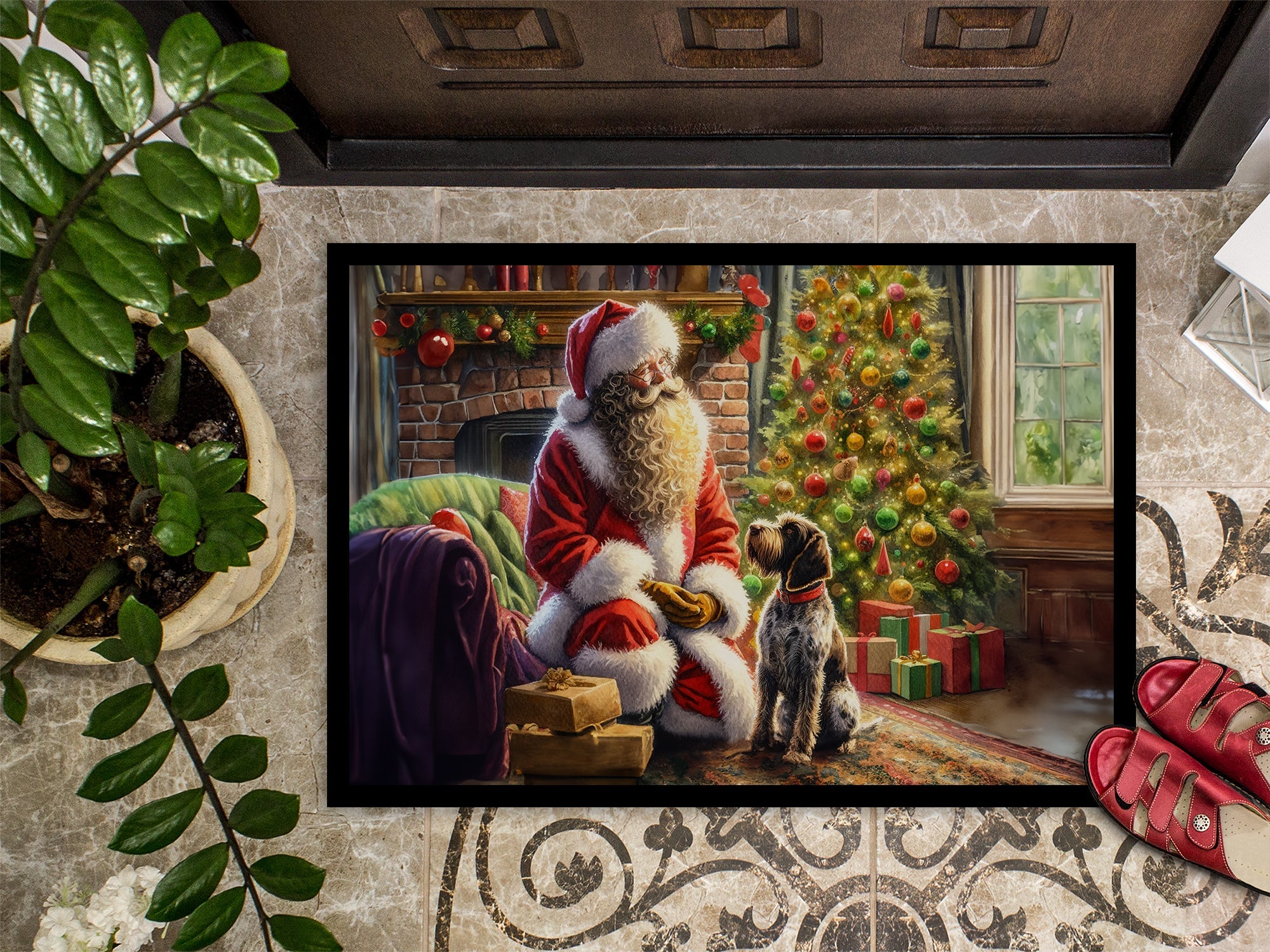 Wirehaired Pointing Griffon and Santa Claus Doormat Indoor Outdoor 24H X 36W Front Door Mat Rugs for Entryway, Non Slip Washable Low Pile,