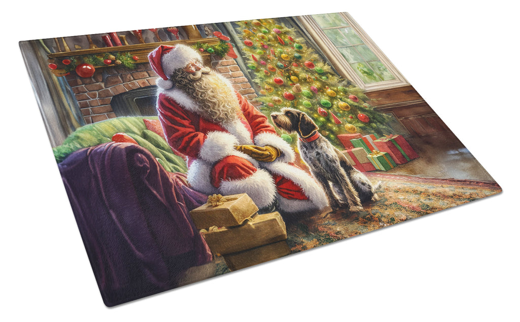 Wirehaired Pointing Griffon and Santa Claus Cutting Board Tempered Glass Kitchen Cutting Surface, Heat Resistant Chopping, Non-Slip Feet, Food Prep & Serving