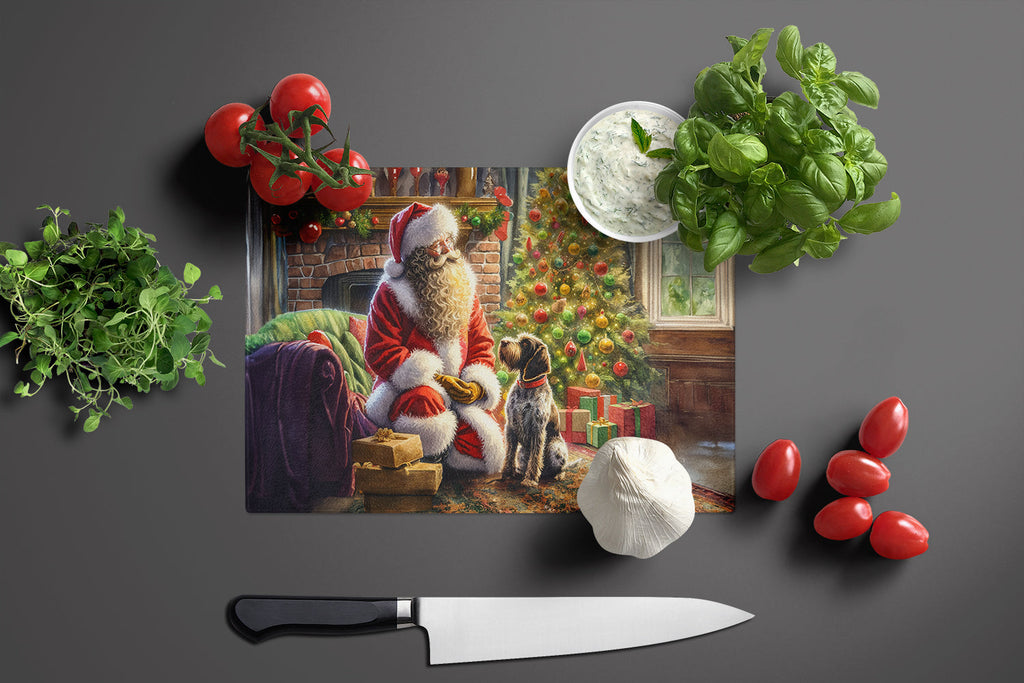 Wirehaired Pointing Griffon and Santa Claus Cutting Board Tempered Glass Kitchen Cutting Surface, Heat Resistant Chopping, Non-Slip Feet, Food Prep & Serving