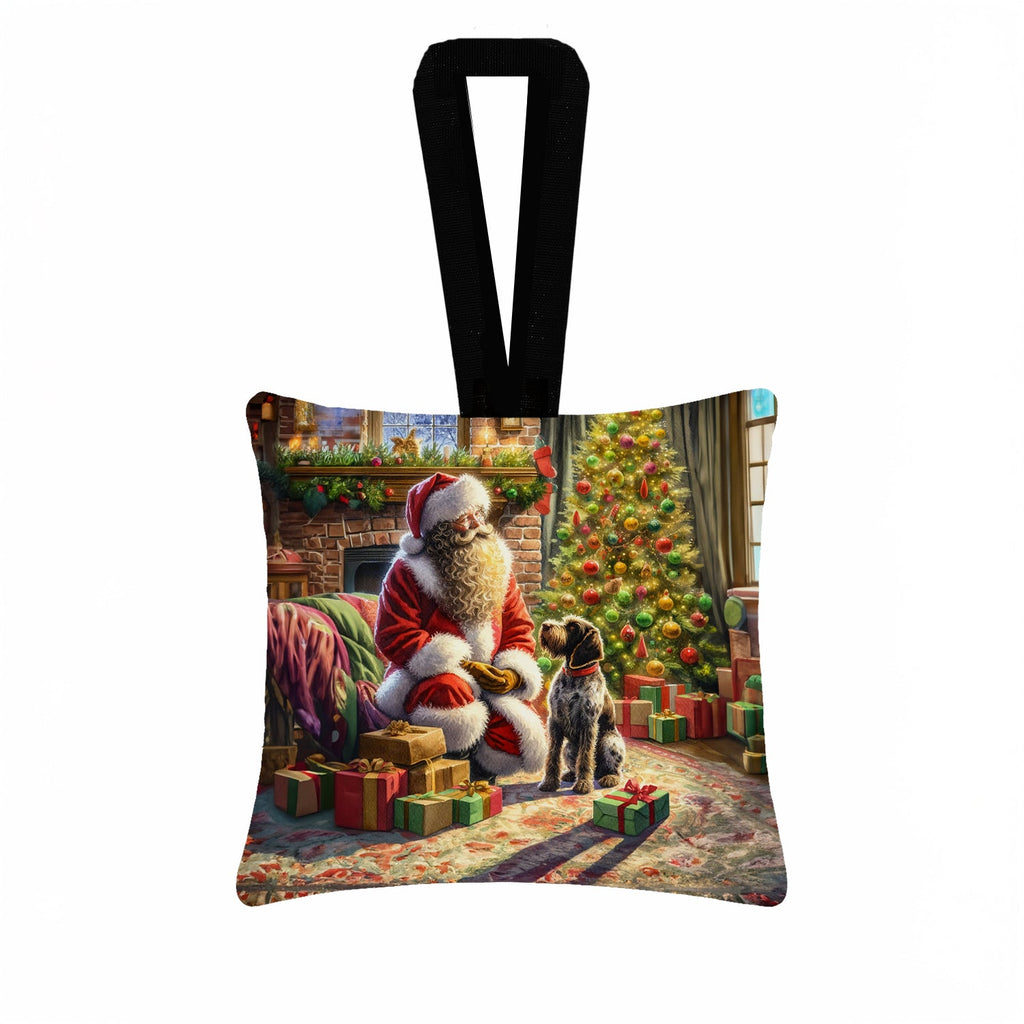 Wirehaired Pointing Griffon and Santa Claus Hanging Square Fabric Ornament 3.5 × 3.5 Decorative Door-Knob & Tree Hanger, Soft Fabric
