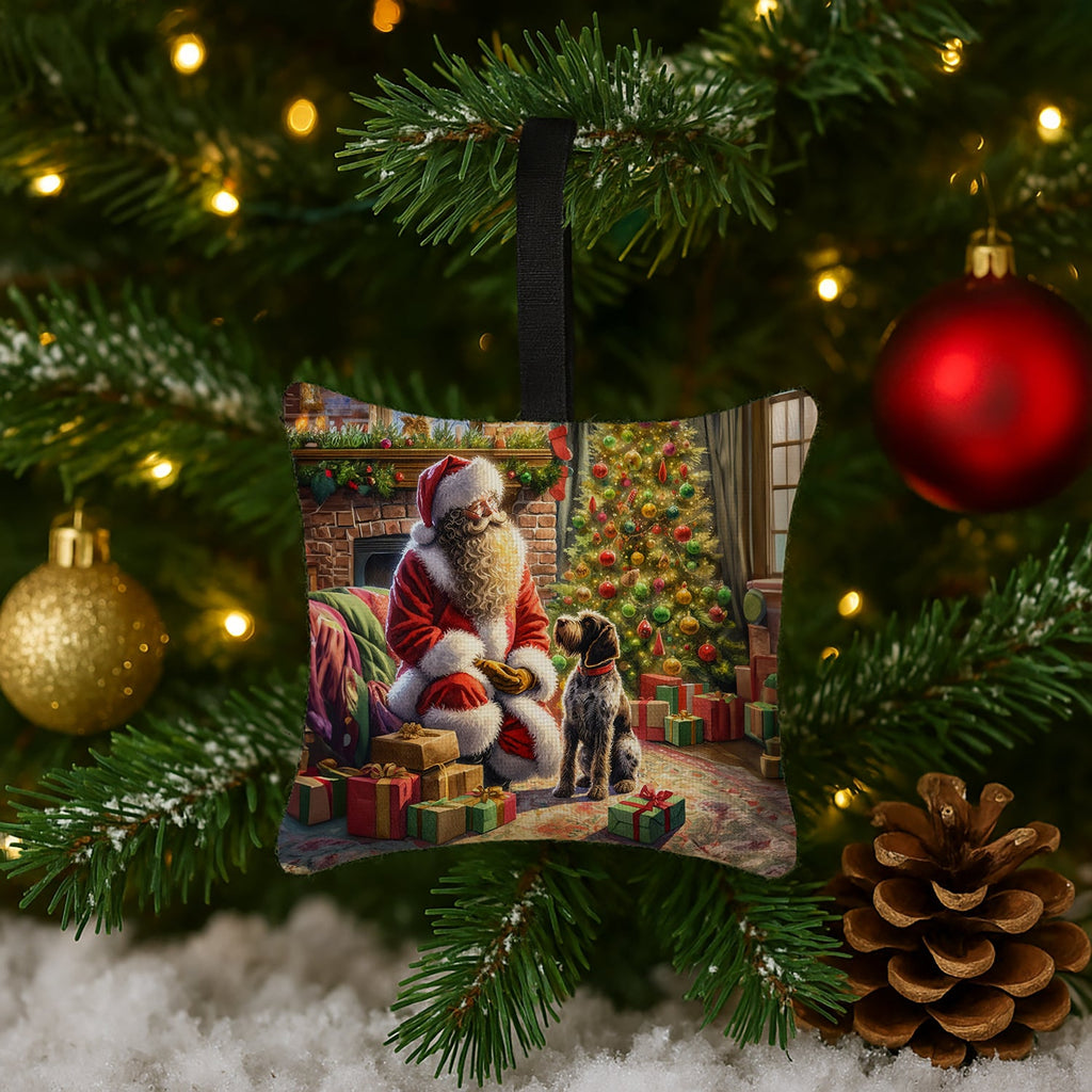 Wirehaired Pointing Griffon and Santa Claus Hanging Square Fabric Ornament 3.5 × 3.5 Decorative Door-Knob & Tree Hanger, Soft Fabric