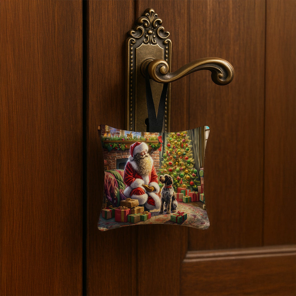 Wirehaired Pointing Griffon and Santa Claus Hanging Square Fabric Ornament 3.5 × 3.5 Decorative Door-Knob & Tree Hanger, Soft Fabric
