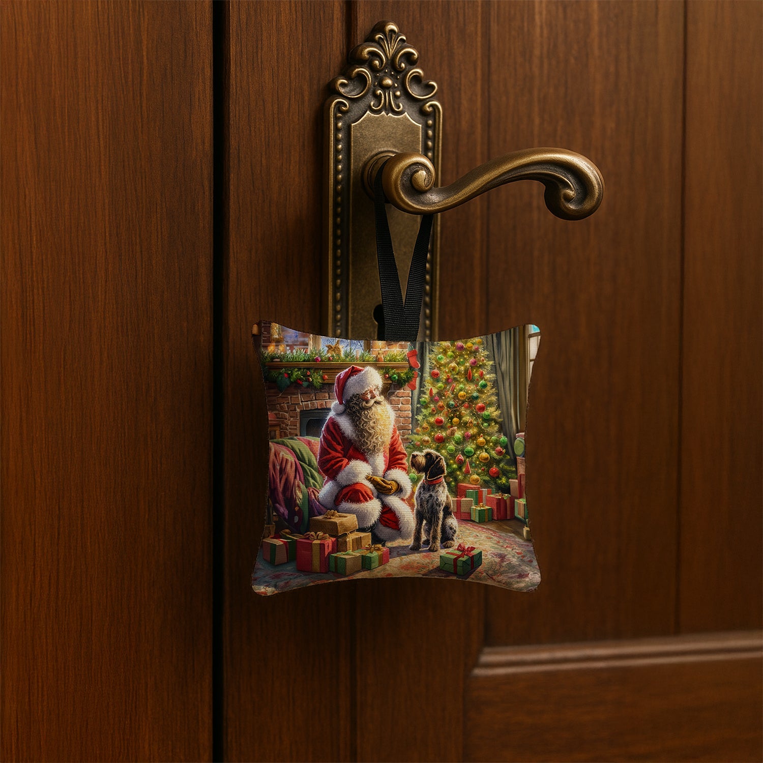 Wirehaired Pointing Griffon and Santa Claus Hanging Square Fabric Ornament 3.5 × 3.5 Decorative Door-Knob & Tree Hanger, Soft Fabric