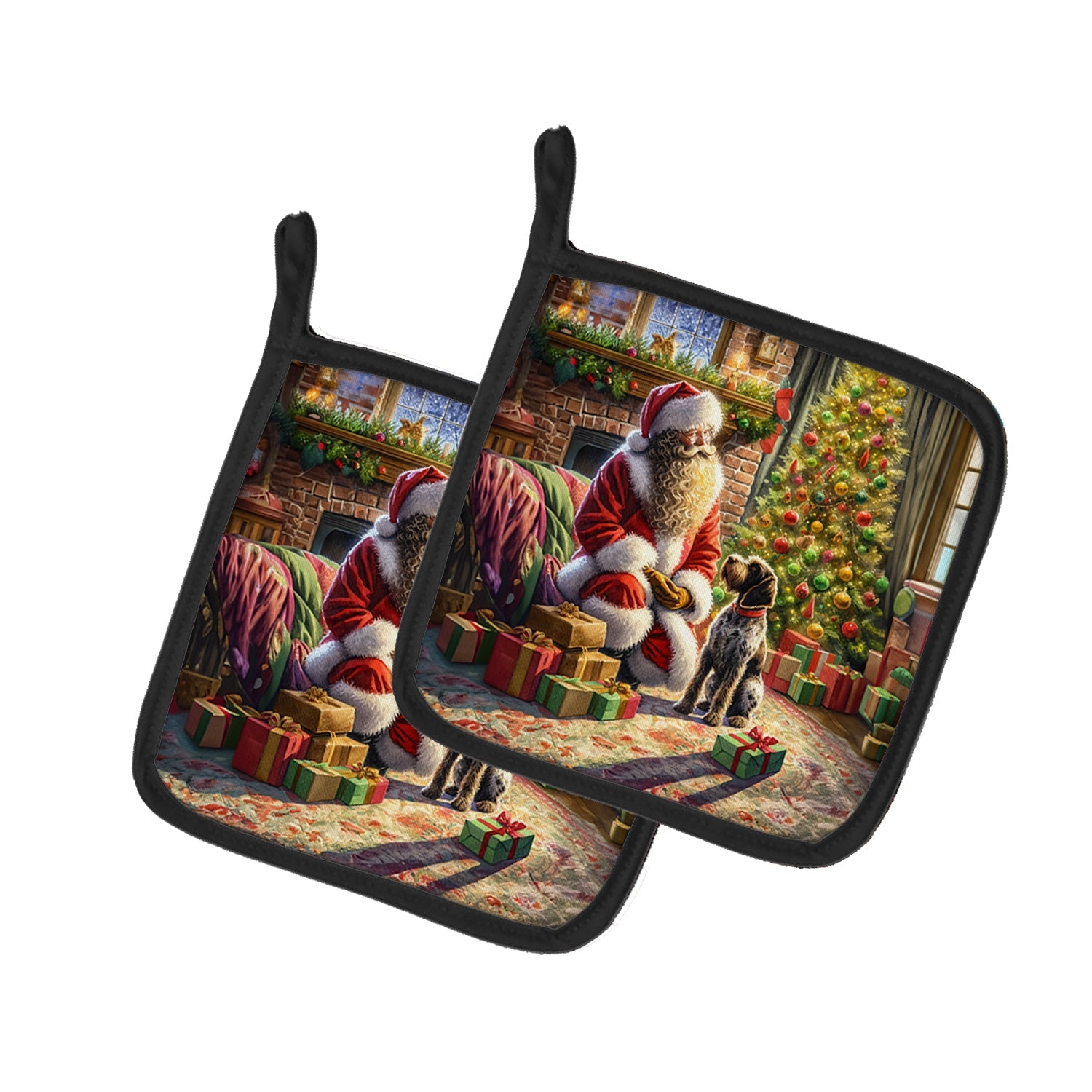 Wirehaired Pointing Griffon and Santa Claus Pot Holder Set of 2 Heat Resistant Quilted Hot Pads 7.5 x 7.5 Inch, Insulated Kitchen Trivets for Cooking & Baking