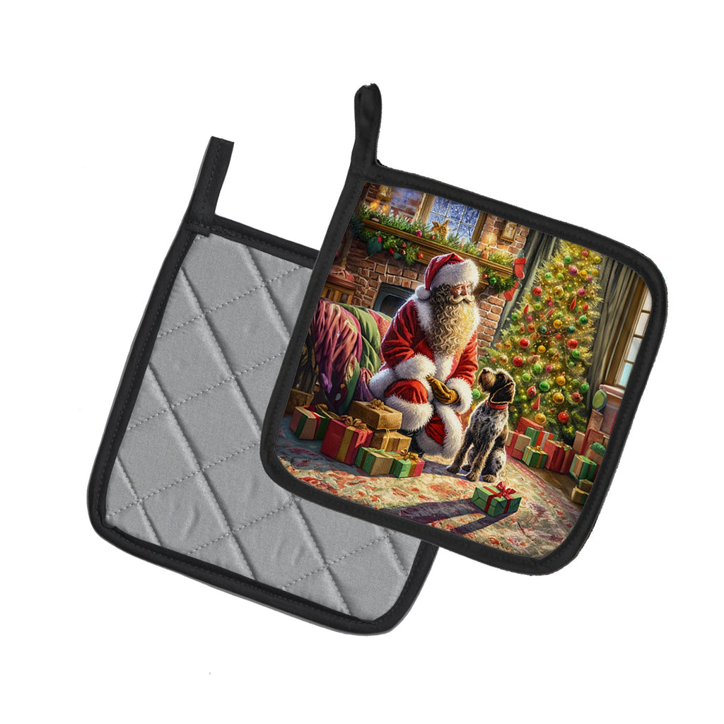 Wirehaired Pointing Griffon and Santa Claus Pot Holder Set of 2 Heat Resistant Quilted Hot Pads 7.5 x 7.5 Inch, Insulated Kitchen Trivets for Cooking & Baking