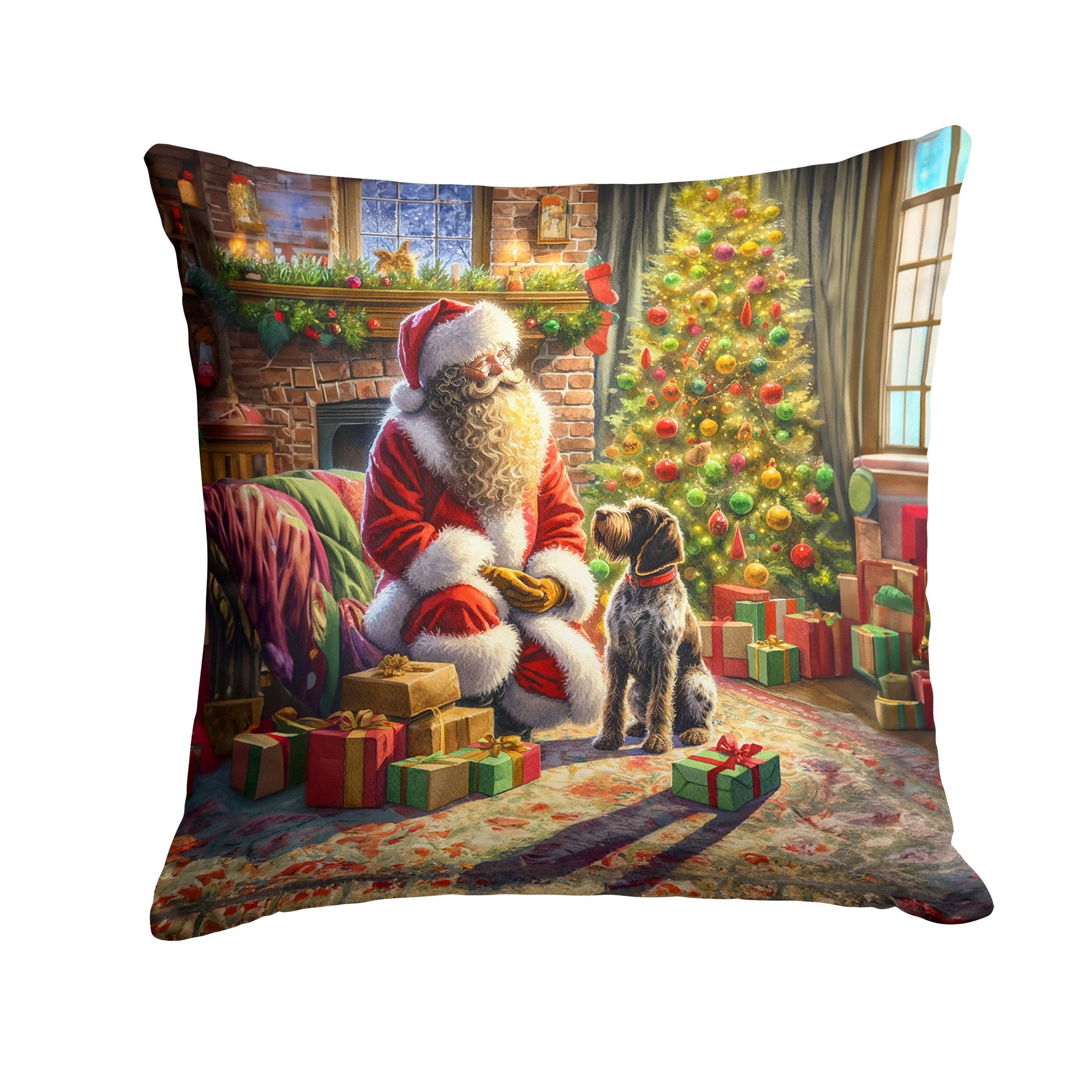 Wirehaired Pointing Griffon and Santa Claus Decorative Throw Pillow 14x14 Indoor Outdoor Accent Cushion, Fabric Cover with Insert for Sofa, Bed, Porch & Living Room