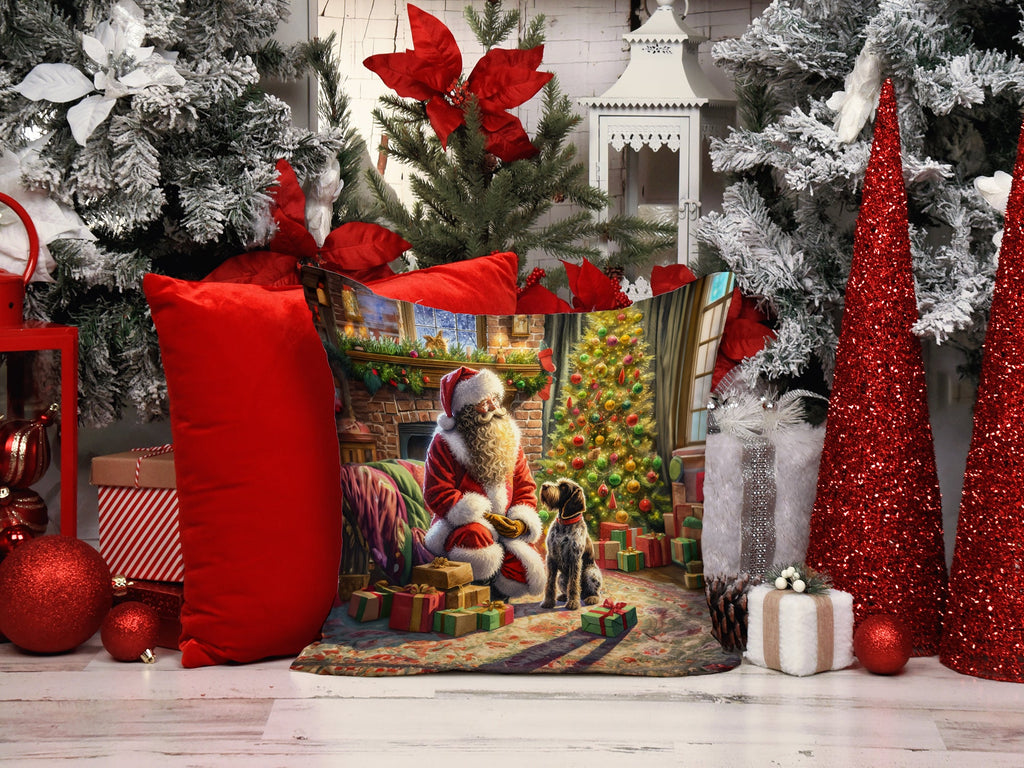 Wirehaired Pointing Griffon and Santa Claus Decorative Throw Pillow 14x14 Indoor Outdoor Accent Cushion, Fabric Cover with Insert for Sofa, Bed, Porch & Living Room