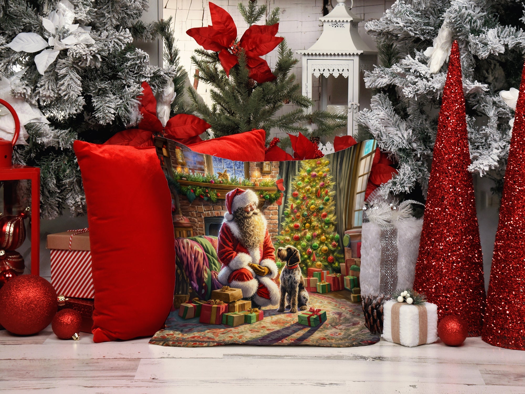 Wirehaired Pointing Griffon and Santa Claus Decorative Throw Pillow 14x14 Indoor Outdoor Accent Cushion, Fabric Cover with Insert for Sofa, Bed, Porch & Living Room