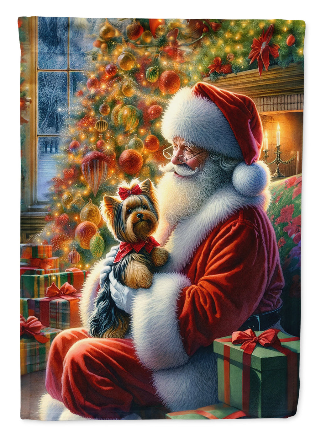 Yorkshire Terrier Yorkie and Santa Claus House Flag 28x40 Porch Sleeve Pole Decorative Outside Yard Banner Artwork Wall Hanging, Polyester