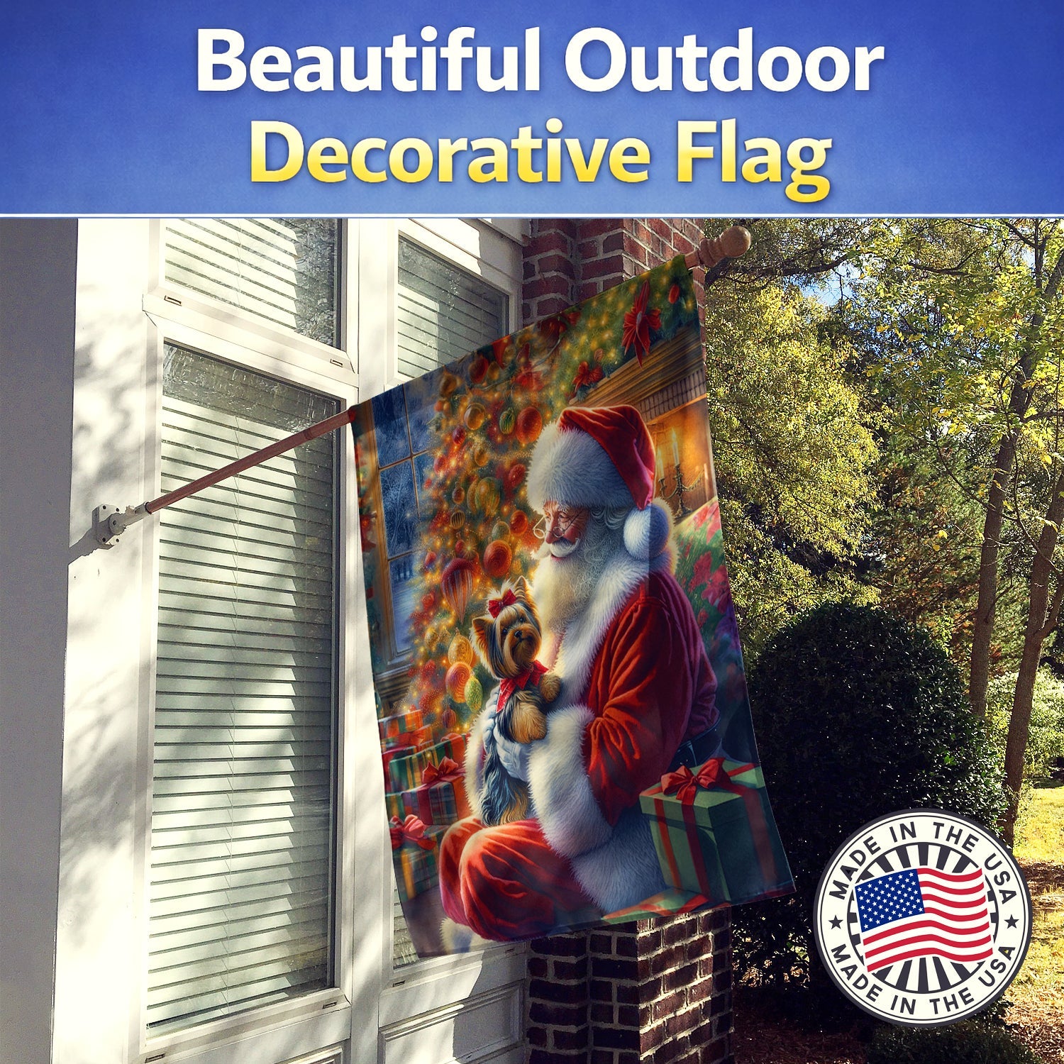 Yorkshire Terrier Yorkie and Santa Claus House Flag 28x40 Porch Sleeve Pole Decorative Outside Yard Banner Artwork Wall Hanging, Polyester