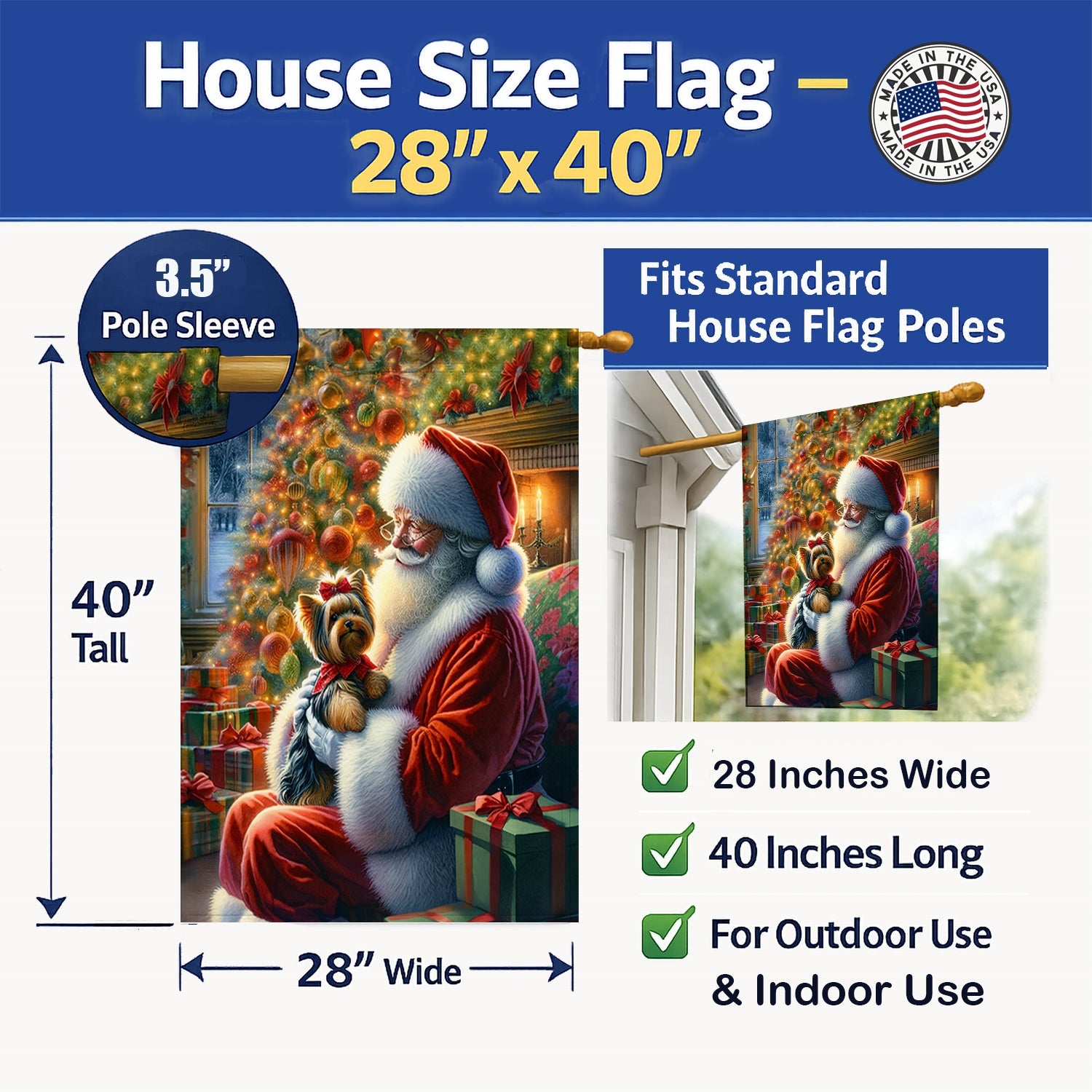 Yorkshire Terrier Yorkie and Santa Claus House Flag 28x40 Porch Sleeve Pole Decorative Outside Yard Banner Artwork Wall Hanging, Polyester