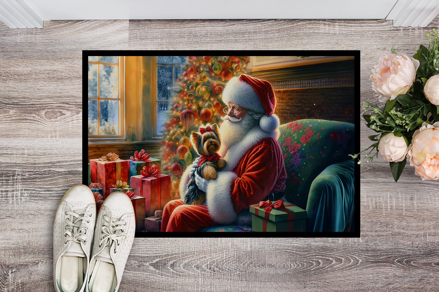 Yorkshire Terrier Yorkie and Santa Claus Doormat Indoor Outdoor 24H X 36W Front Door Mat Rugs for Entryway, Non Slip Washable Low Pile,