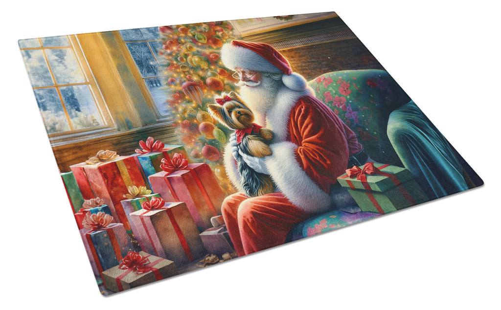 Yorkshire Terrier Yorkie and Santa Claus Cutting Board Tempered Glass Kitchen Cutting Surface, Heat Resistant Chopping, Non-Slip Feet, Food Prep & Serving