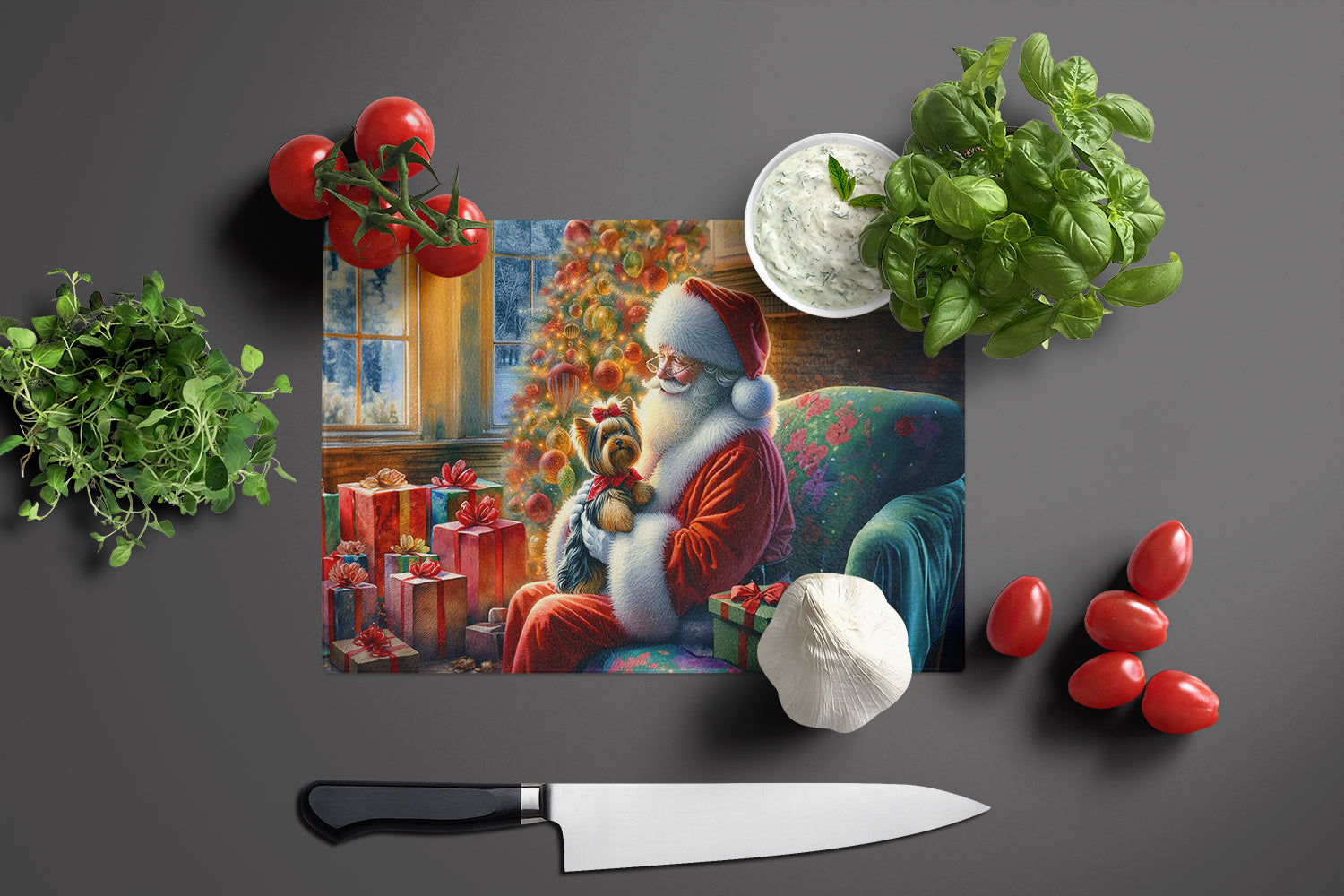 Yorkshire Terrier Yorkie and Santa Claus Cutting Board Tempered Glass Kitchen Cutting Surface, Heat Resistant Chopping, Non-Slip Feet, Food Prep & Serving