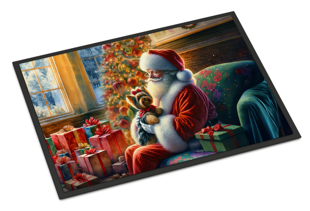 Yorkshire Terrier Yorkie and Santa Claus Doormat Indoor Outdoor 18H X 27W Front Door Mat Rugs for Entryway, Non Slip Washable