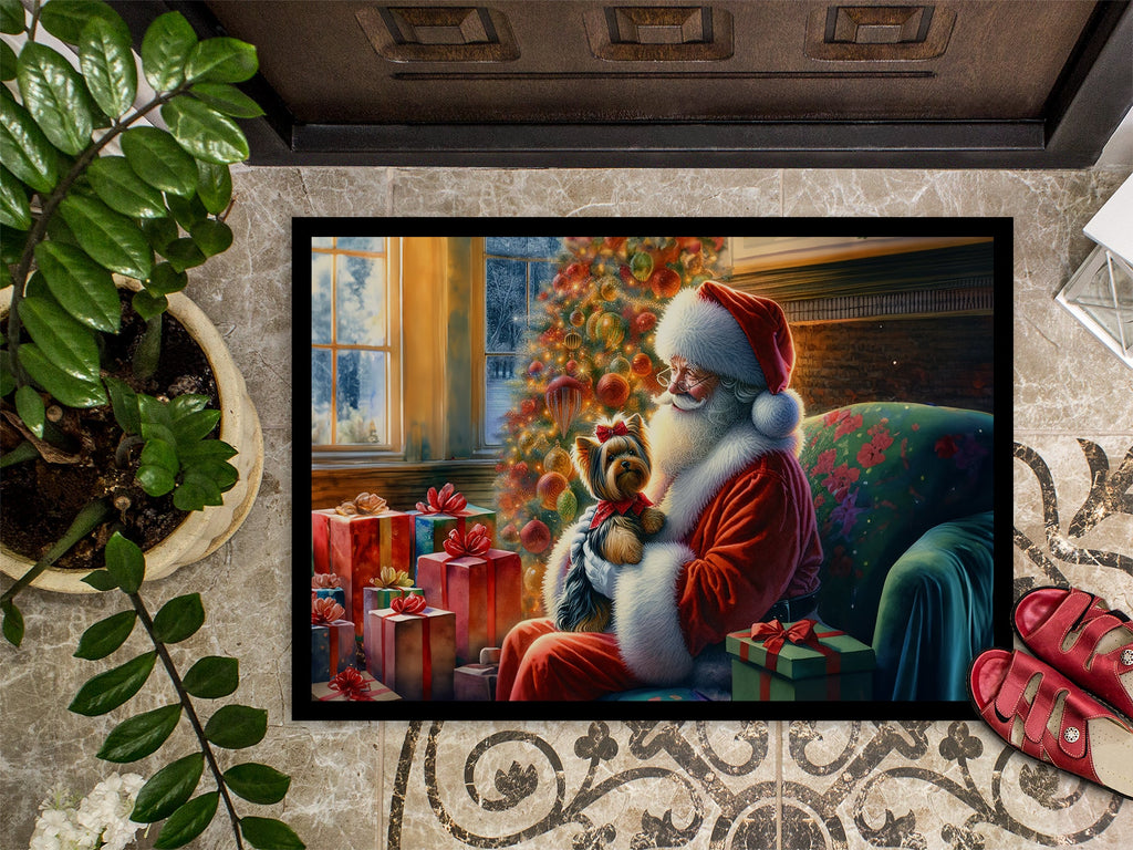 Yorkshire Terrier Yorkie and Santa Claus Doormat Indoor Outdoor 18H X 27W Front Door Mat Rugs for Entryway, Non Slip Washable