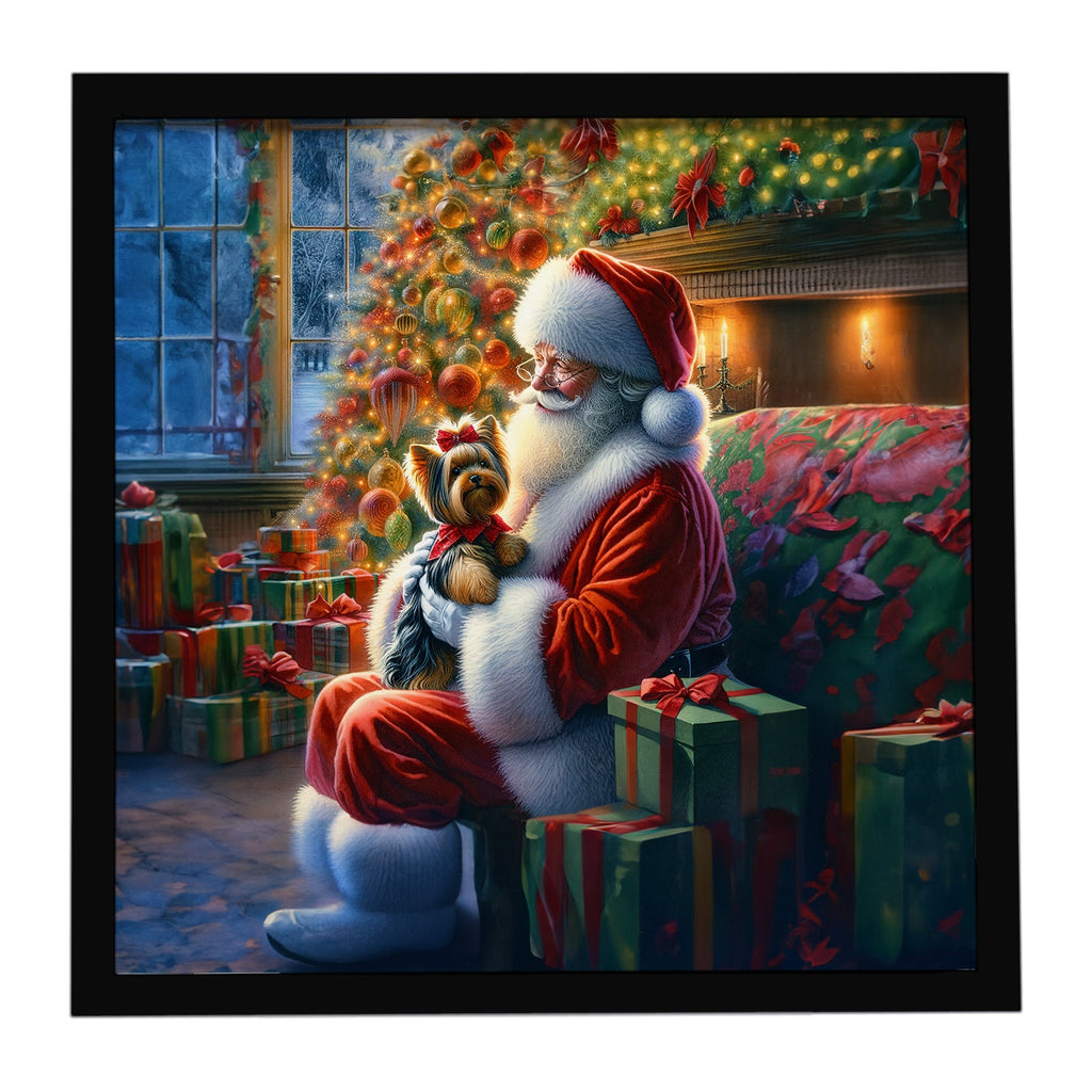 Yorkshire Terrier Yorkie and Santa Claus Framed Metal Print Bathroom, Kitchen, Office, Home Decor Wall Art Ready to Hang, Square, 8X8