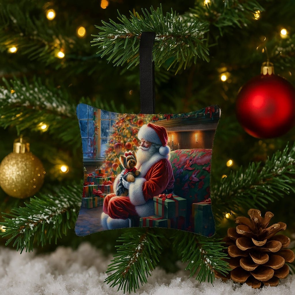 Yorkshire Terrier Yorkie and Santa Claus Hanging Square Fabric Ornament 3.5 × 3.5 Decorative Door-Knob & Tree Hanger, Soft Fabric