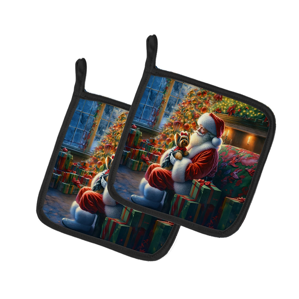 Yorkshire Terrier Yorkie and Santa Claus Pot Holder Set of 2 Heat Resistant Quilted Hot Pads 7.5 x 7.5 Inch, Insulated Kitchen Trivets for Cooking & Baking