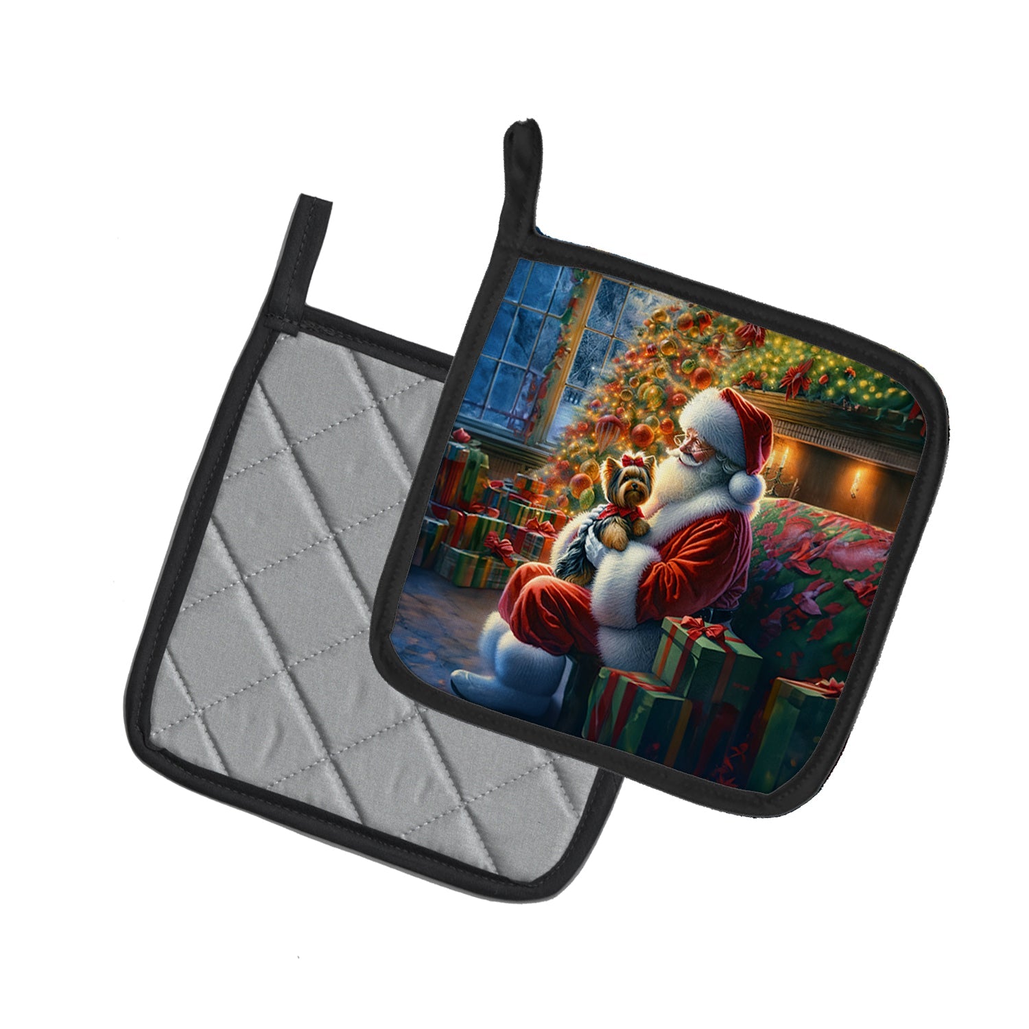 Yorkshire Terrier Yorkie and Santa Claus Pot Holder Set of 2 Heat Resistant Quilted Hot Pads 7.5 x 7.5 Inch, Insulated Kitchen Trivets for Cooking & Baking