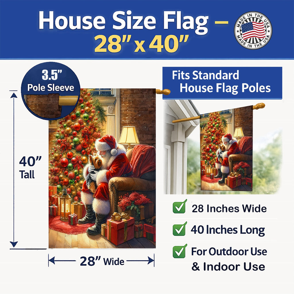 Yorkshire Terrier Yorkie and Santa Claus House Flag 28x40 Porch Sleeve Pole Decorative Outside Yard Banner Artwork Wall Hanging, Polyester